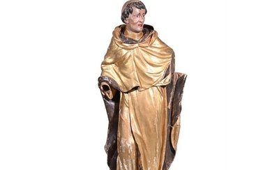 A 19th century carved, painted and giltwood figure of a monk...