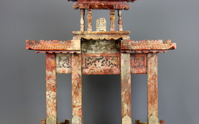 A 19th/ early 20th Century Chinese carved soapstone temple gateway, H. 42cm, W. 36cm. With remnants of coloured and gilt embellishment.