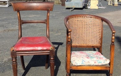 A 20s beech low armchair with horseshoe shaped caned back...
