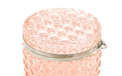 SOLD. A 20th century pink pressed glass box with metal mounting. H. 9. Diam. 12...