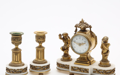 A 3-piece Louis XVI style marble and bronze table setting, later part of the 19th century.