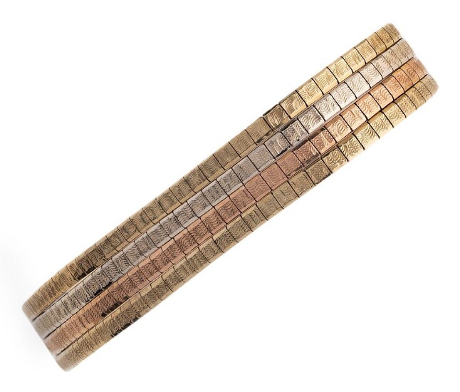 A 9-carat gold bracelet, composed of four textured gold rows, length 17.5cm, British hallmarks for 9-carat gold