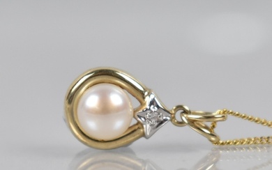 A 9ct Gold Pendant, Pearl with Bead Bright Set Diamond, on 9...