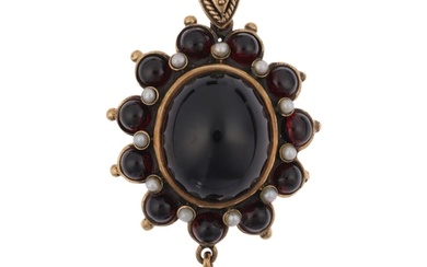 A 9ct gold garnet and pearl drop pendant, in the Victorian s...