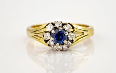 A 9ct yellow gold, sapphire and diamond cluster ring