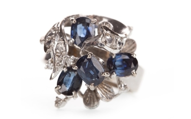 A BLUE GEM AND DIAMOND COCKTAIL RING