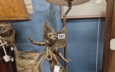 A PATINATED METAL TABLE LAMP FEATURING AN AMORINO STANDING ON A STARRY GLOBE. H 80cms. A PAIR OF