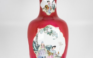 A CHINESE FAMILLE ROSE PORCELAIN FIGURAL BALUSTER VASE (1) - Porcelain - Ruby red ground - Qianlong six character seal - Azure blue interior - China - Late 19th - early 20th century