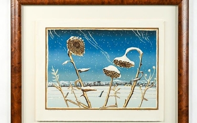 A. COLEMAN "SUNFLOWERS IN SNOW" BLOCK PRINT 1991