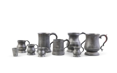 A COLLECTION OF 19TH CENTURY PEWTER WARE comprising two pin...