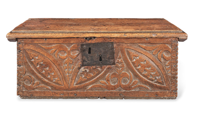 A Charles II boarded oak box, circa 1660-80