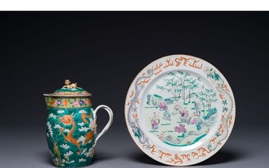 A Chinese Canton famille rose green-ground 'dragon' jug and ...