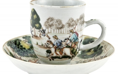 A Chinese Enameled Porcelain 'Hunt' Cup and Saucer