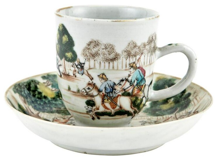 A Chinese Enameled Porcelain 'Hunt' Cup and Saucer