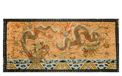 A Chinese apricot yellow-ground embroidered 'dragon' banner, 19th century