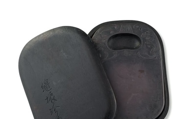 A Chinese carved 'double chilong' Duan ink stone, Qing dynasty