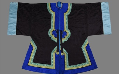A Chinese deep-blue patterned silk damask ladies informal day robe