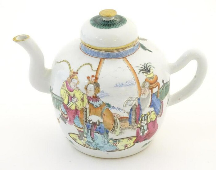 A Chinese famille rose teapot depicting scholars with