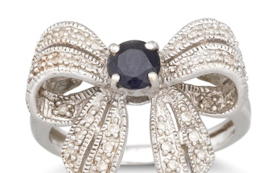 A DIAMOND AND GEM SET RING, modelled as a bow, mounted in wh...