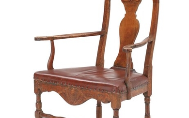 SOLD. A Danish 18th century oak and beech Baroque armchair, seat upholstred with brown leather. – Bruun Rasmussen Auctioneers of Fine Art