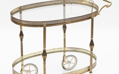 A FRENCH BRASS AND GLASS TWO TIER DRINKS TROLLEY WITH GALLERY EDGES, 71CM H X 74CM W X 42CM D