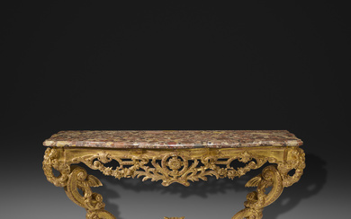 A FRENCH LOUIS XV GILTWOOD CONSOLE TABLE AFTER...