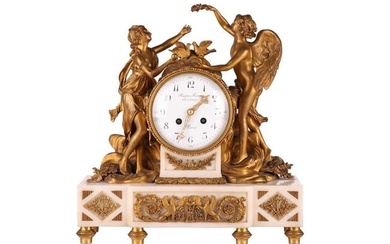 A French Le Roy et Fils (?) ormolu and white marble mantel clock with a figural mount allegorical of