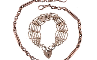 A GOLD ALBERT CHAIN AND A GATE LINK BRACELET