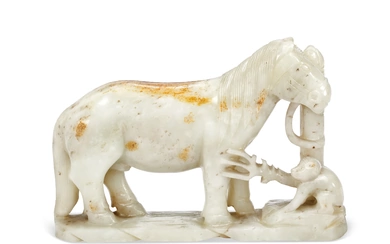 A GREENISH-WHITE AND RUSSET JADE GROUP OF A HORSE AND MONKEY CHINA, LATE QING DYNASTY