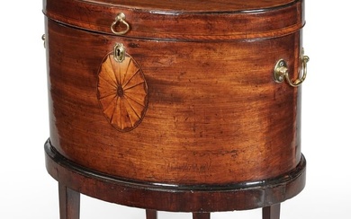 A George III inlaid mahogany oval cellarette