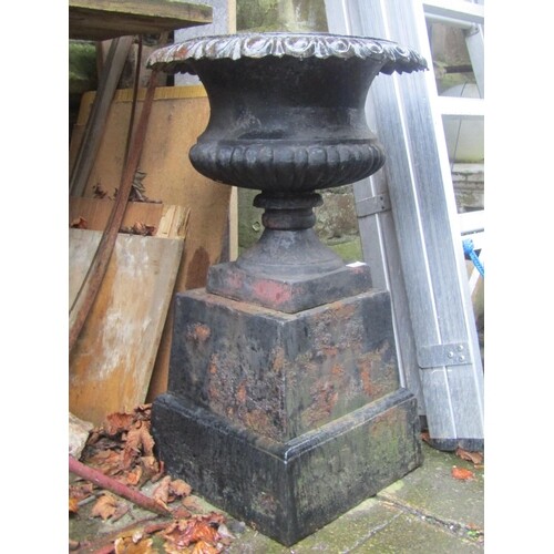 A Georgian style cast iron garden urn, the squat circular an...