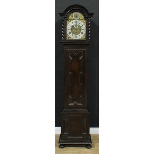 A Jacobean Revival oak musical longcase clock, 29cm arched b...