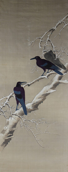 A Japanese silk embroidered and watercolour painted rectangular panel, Meiji period, worked in black