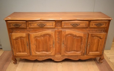 A LARGE FRENCH PROVINCIAL FOUR DOOR SIDEBOARD (105H x 201W x 58D CM)