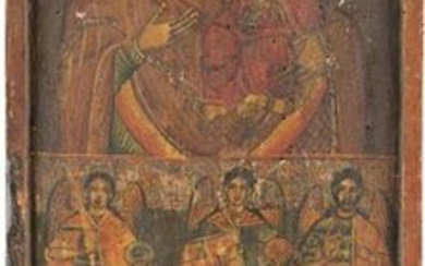 A LARGE MULTI-PARTITE ICON SHOWING THE MOTHER OF GOD