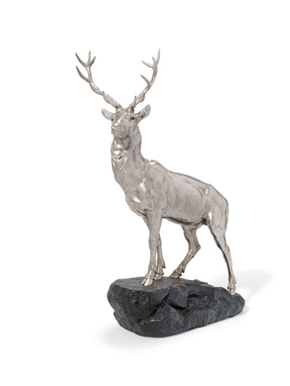 A LARGE SILVER-PLATED BRONZE STAG, CIRCA 1900