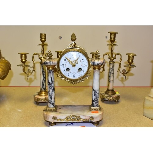 A LATE 19TH CENTURY GILT METAL AND MARBLE CLOCK GARNITURE, t...