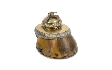 A LATE 19TH CENTURY SCOTTISH BRASS AND SILVER PLATED HORSE'S HOOF SNUFF MULL