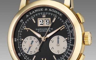 A. Lange & Söhne, Ref. 403.041F A very rare and attractive yellow gold flyback chronograph wristwatch with large date, guarantee and presentation box