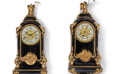 A Louis XIV Style Gilt Bronze-Mounted Ebony Cartel d'Applique Clock and Barometer Pair on Brackets, Late 19th Century