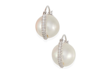 A PAIR OF 18K WHITE GOLD, CULTURED PEARL AND DIAMOND...