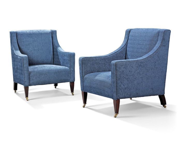 A PAIR OF BLUE ARMCHAIRS, BY GEORGE SMITH, 20TH CENTURY
