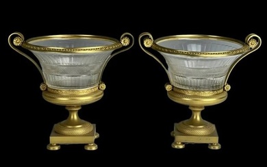 A PAIR OF EMPIRE STYLE DORE BRONZE AND BACCARAT CRYSTAL BOWLS
