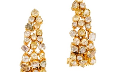 A PAIR OF FANCY COLOUR DIAMOND EARRINGS each designed as a half hoop set throughout with variousl...