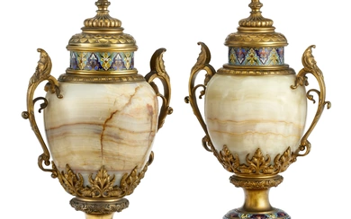 A PAIR OF FRENCH ORMOLU AND CHAMPLEVE ENAMEL-MOUNTED ONYX VASES AND COVERS LAST QUARTER 19TH CENTURY