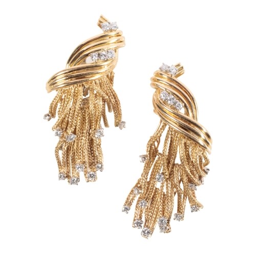 A PAIR OF GOLD AND DIAMOND TASSEL EARRINGS three rows of cro...