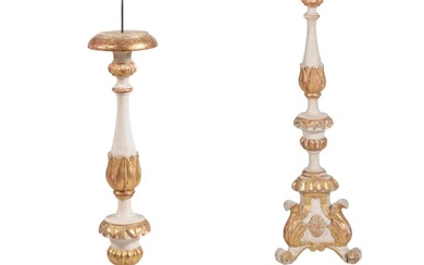 A PAIR OF GREY PAINTED AND PARCEL GILT PRICKET CANDLESTICKS