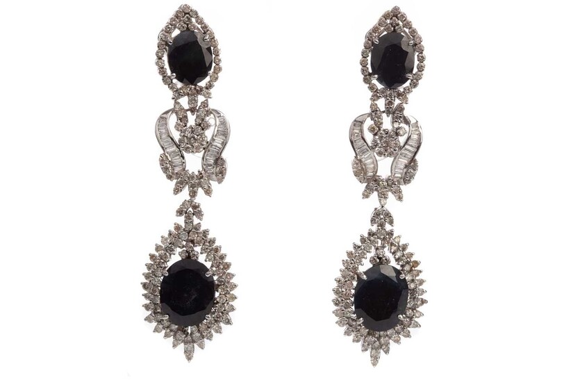 A PAIR OF IMPRESSIVE SAPPHIRE AND DIAMOND COCKTAIL EARRINGS