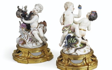 A PAIR OF MEISSEN FIGURE GROUPS EMBLEMATIC OF THE CONTINENTS ON ORMOLU BASES, THE PORCELAIN CIRCA 1750, THE MODELS BY F.E. MEYER, THE ORMOLU BASES ASSOCIATED, MERCURY GILT AND 19TH CENTURY