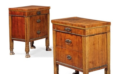 A PAIR OF NORTH ITALIAN WALNUT AND PARCEL-GILT COMODINI, LATE 18TH/EARLY 19TH CENTURY